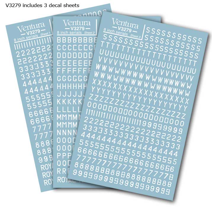 V3279. White 8” serials in 1/32nd scale. 12\" 1/48th, 18\" 1/72nd.