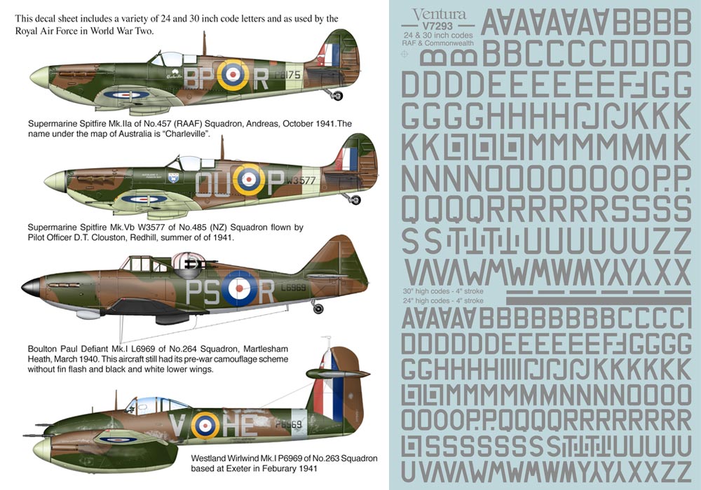 V7293: Grey 24 & 30 inch code letters for RAF, RAAF, RCAF, RNZAF